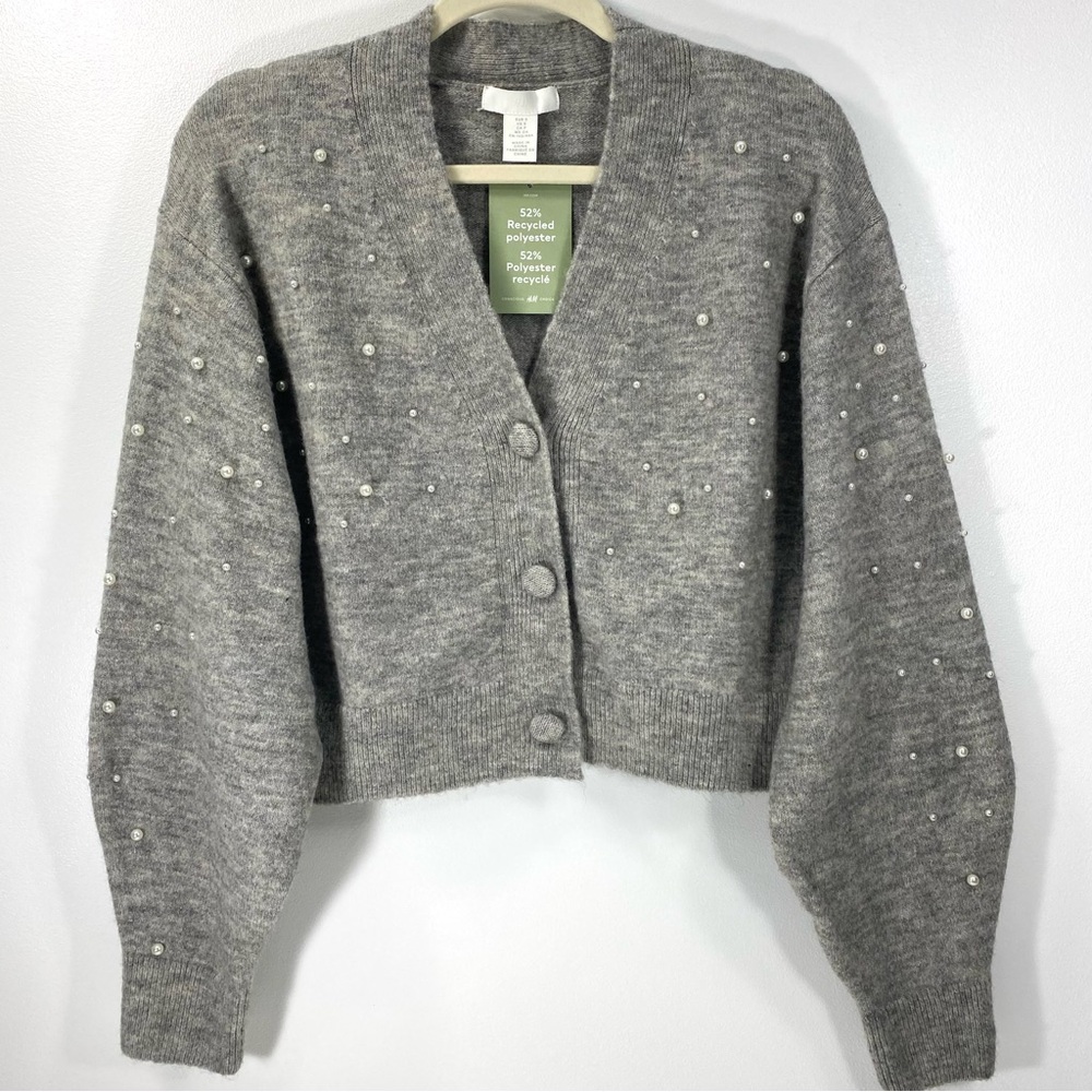 H&M Soft Marled Gray Knit Wool Blend Pearl Accented Cropped Cardigan Sweater S